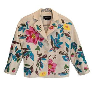 BCBG Max Azria Tan Cream 3/4 Sleeve Floral Embroidered Linen Jacket Women's XS